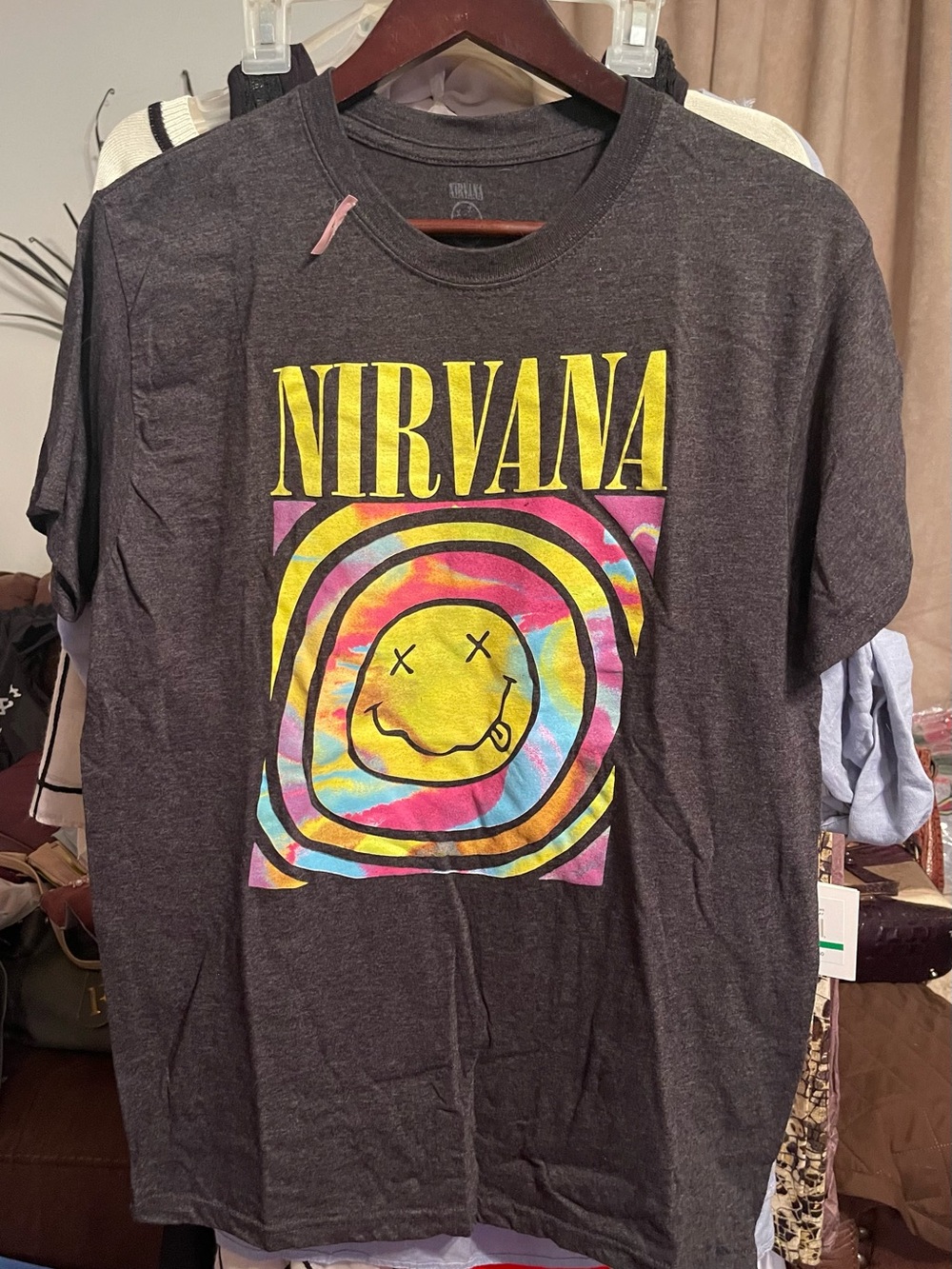 NIRVANA Charcoal Short Sleeve Tee with Yellow & Multicolor Smile Graphic